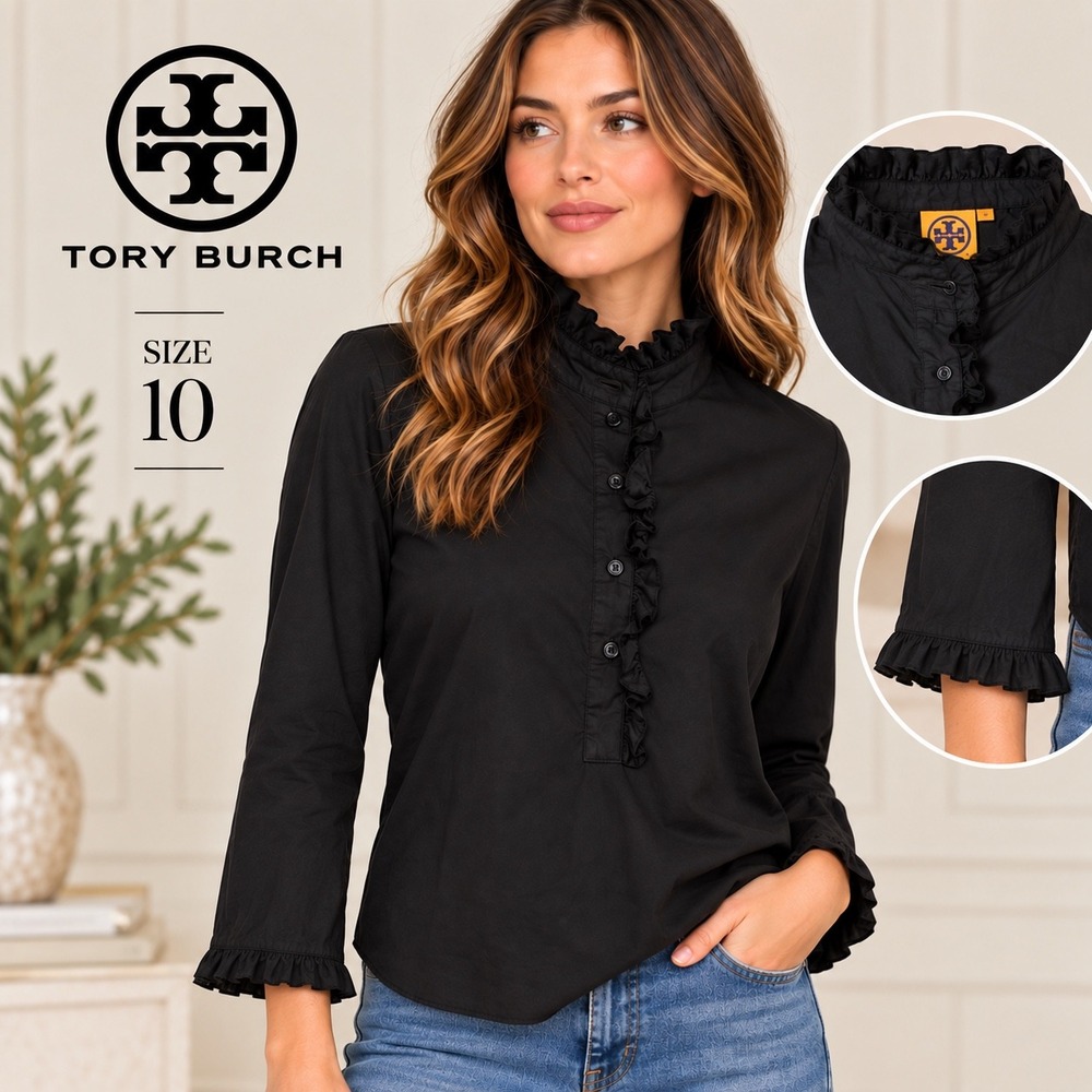 Tory Burch Ruffle Blouse Womens 10 Black Button High Neck Bell Sleeve Cotton EUC